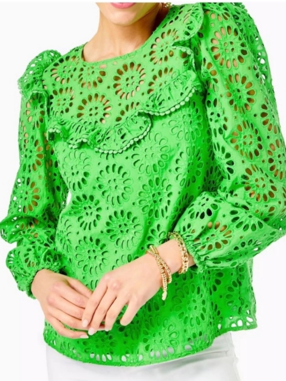 Lilly Pulitzer Caroline Sprout Green Eyelet Ruffle Long-Sleeve Top Size M